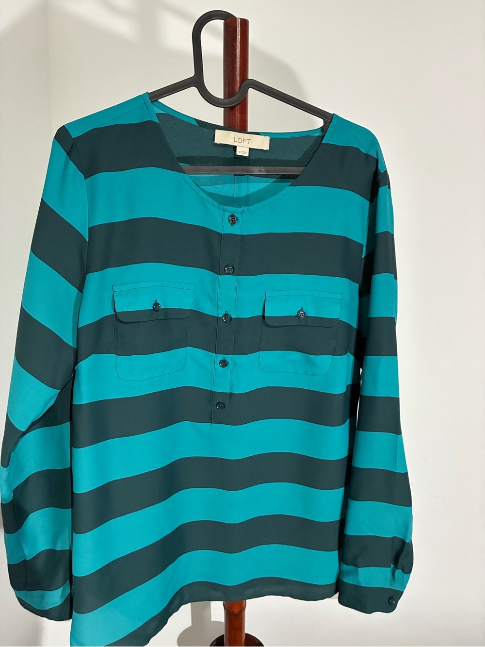 LOFT Teal and Black Wide-Stripe Button-Up Shirt
